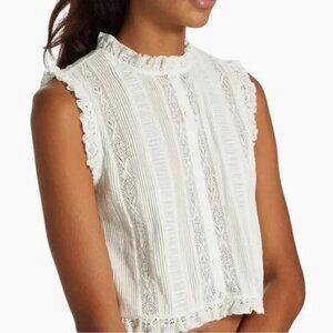 Doen Hallie White Pintuck Lace Ruffle Organic Cotton Blouse - Small